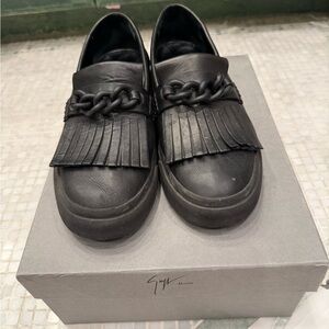 Giuseppe Zanotti Black Leather Fringe Chain Slip-On Loafers